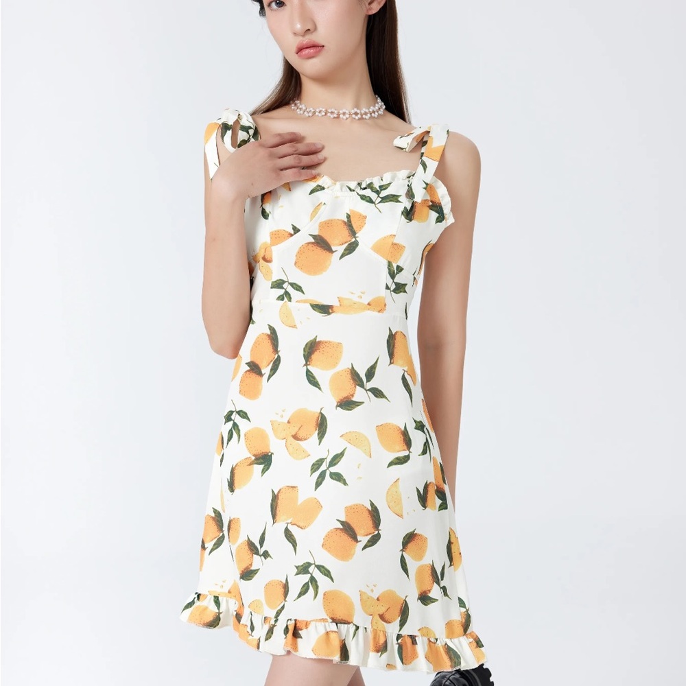 LEMON PRINT RUFFLE HEM TIE SHOULDER MINI DRESS - Picture 11 of 14